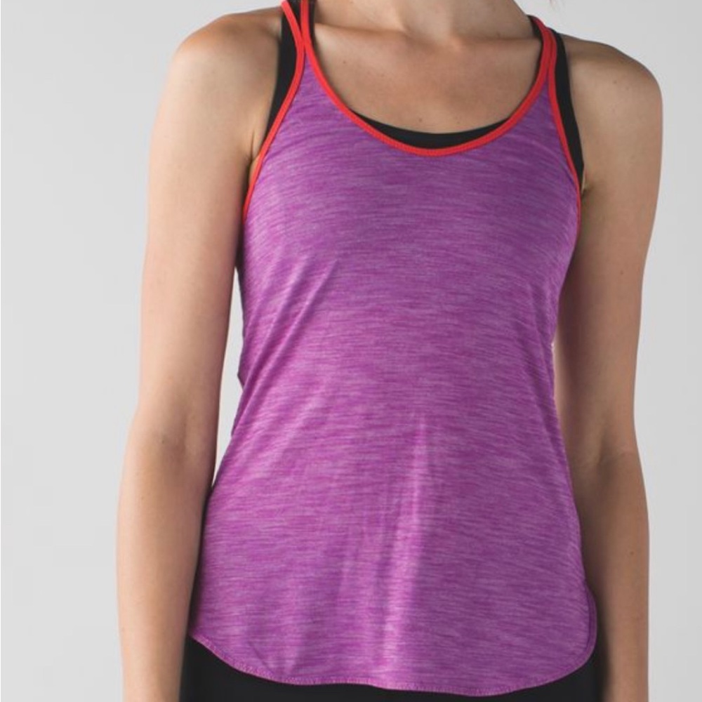 Lululemon What the Sport singlet. Heathered ultraviolet/orange trim.  Sz 6, EUC.